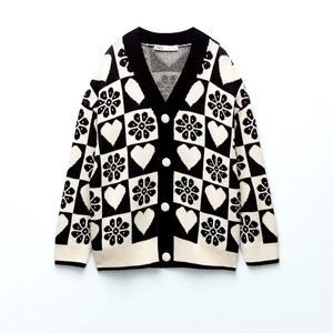 ZARA ECRU BLACK CHUNKY OVERSIZED CHECKED HEARTS FlOWERS JACQUARD KNIT CARDIGAN
